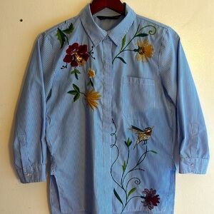 Zara Blue with white stripes button down shirt with embroidery details size s